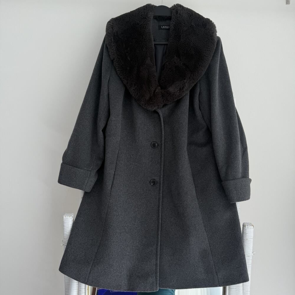 Lauren Ralph Lauren Coat Womens 20W Gray Wool Blend Faux Fur Quiet Luxury